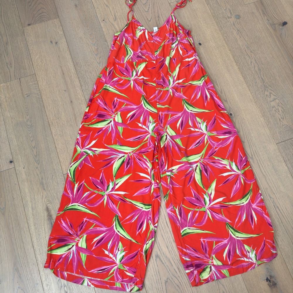 Old Navy Jumpsuit Women XL Orange Floral Wide Leg Strappy 658023-01